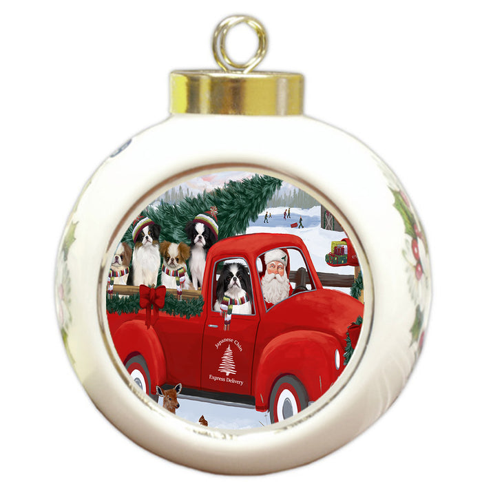 Christmas Santa Express Delivery Red Truck Japanese Chin Dogs Round Ball Christmas Ornament Pet Decorative Hanging Ornaments for Christmas X-mas Tree Decorations - 3" Round Ceramic Ornament