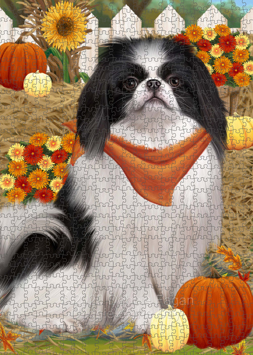 Fall Pumpkin Autumn Greeting Japanese Chin Dog Portrait Jigsaw Puzzle for Adults Animal Interlocking Puzzle Game Unique Gift for Dog Lover's with Metal Tin Box PZL753