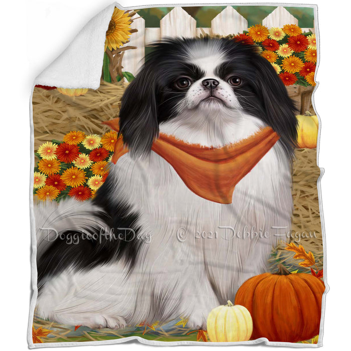 Fall Autumn Greeting Japanese Chin Dog with Pumpkins Blanket BLNKT142443