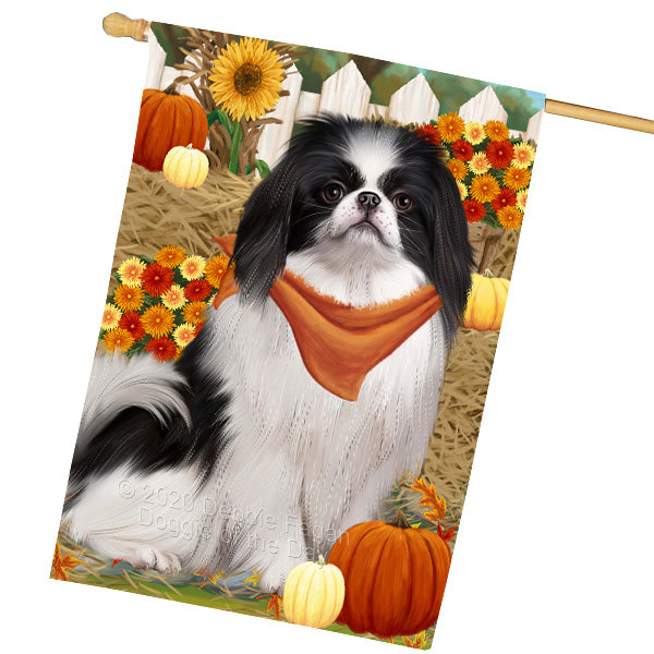 Fall Pumpkin Autumn Greeting Japanese Chin Dog House Flag Outdoor Decorative Double Sided Pet Portrait Weather Resistant Premium Quality Animal Printed Home Decorative Flags 100% Polyester FLG69390