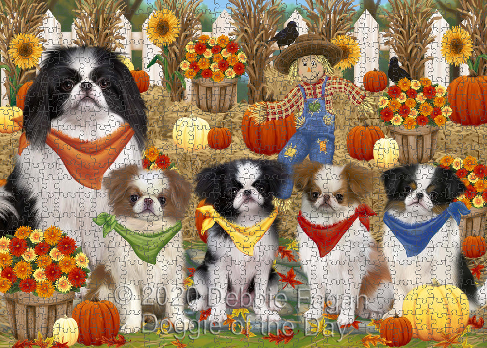 Fall Festive Gathering Japanese Chin Dogs Portrait Jigsaw Puzzle for Adults Animal Interlocking Puzzle Game Unique Gift for Dog Lover's with Metal Tin Box