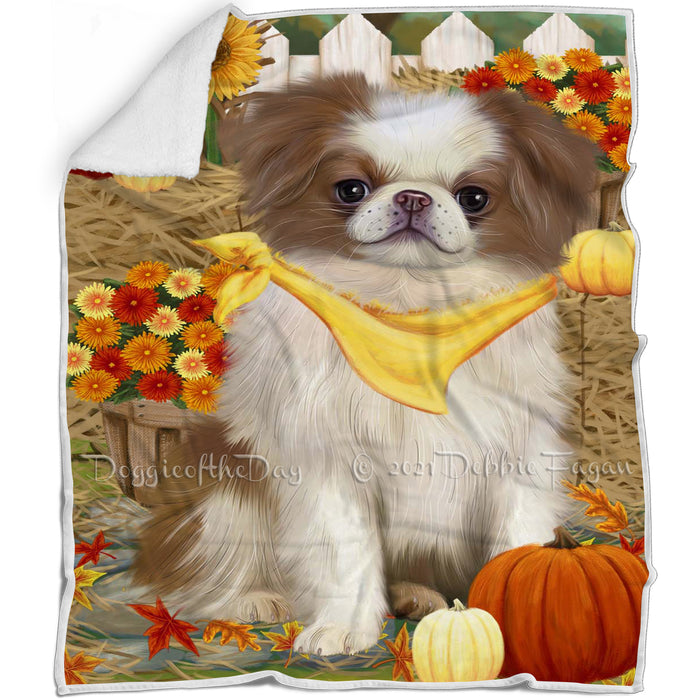 Fall Autumn Greeting Japanese Chin Dog with Pumpkins Blanket BLNKT142444