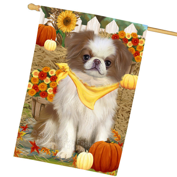Fall Pumpkin Autumn Greeting Japanese Chin Dog House Flag Outdoor Decorative Double Sided Pet Portrait Weather Resistant Premium Quality Animal Printed Home Decorative Flags 100% Polyester FLG69391