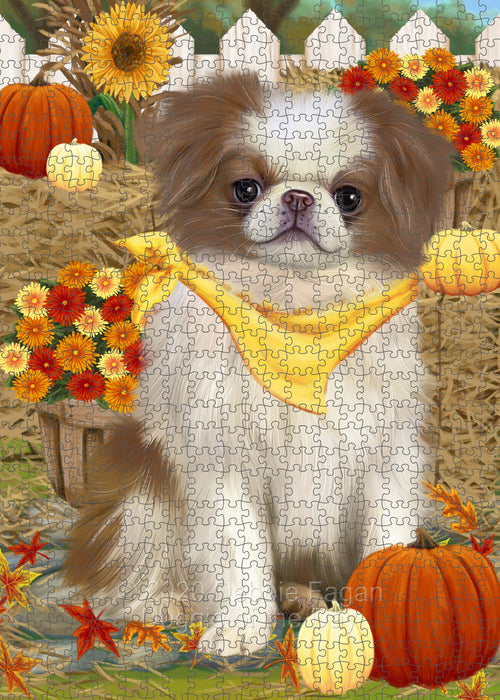 Fall Pumpkin Autumn Greeting Japanese Chin Dog Portrait Jigsaw Puzzle for Adults Animal Interlocking Puzzle Game Unique Gift for Dog Lover's with Metal Tin Box PZL754