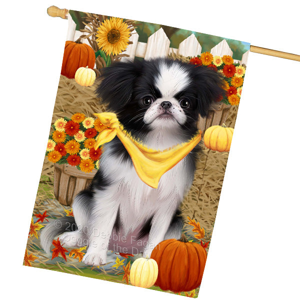 Fall Pumpkin Autumn Greeting Japanese Chin Dog House Flag Outdoor Decorative Double Sided Pet Portrait Weather Resistant Premium Quality Animal Printed Home Decorative Flags 100% Polyester FLG69392