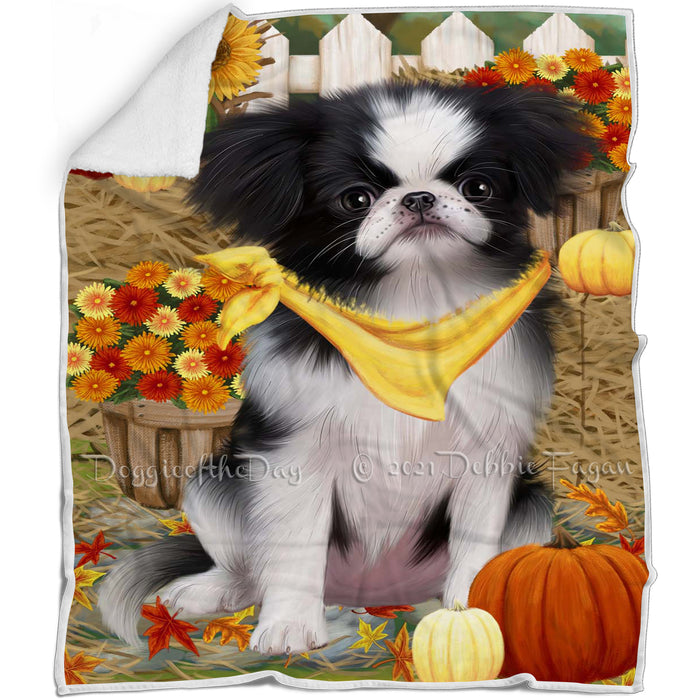 Fall Autumn Greeting Japanese Chin Dog with Pumpkins Blanket BLNKT142445