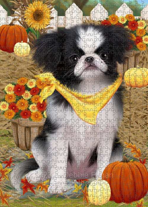 Fall Pumpkin Autumn Greeting Japanese Chin Dog Portrait Jigsaw Puzzle for Adults Animal Interlocking Puzzle Game Unique Gift for Dog Lover's with Metal Tin Box PZL755