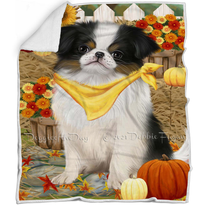 Fall Autumn Greeting Japanese Chin Dog with Pumpkins Blanket BLNKT142446