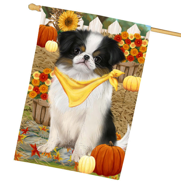 Fall Pumpkin Autumn Greeting Japanese Chin Dog House Flag Outdoor Decorative Double Sided Pet Portrait Weather Resistant Premium Quality Animal Printed Home Decorative Flags 100% Polyester FLG69393