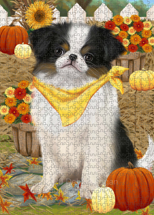 Fall Pumpkin Autumn Greeting Japanese Chin Dog Portrait Jigsaw Puzzle for Adults Animal Interlocking Puzzle Game Unique Gift for Dog Lover's with Metal Tin Box PZL756