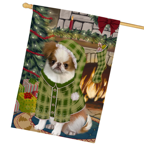 The Christmas Stocking was Hung Japanese Chin Dog House Flag Outdoor Decorative Double Sided Pet Portrait Weather Resistant Premium Quality Animal Printed Home Decorative Flags 100% Polyester FLGA69600