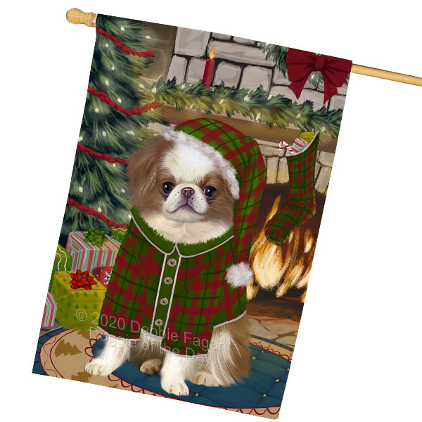 The Christmas Stocking was Hung Japanese Chin Dog House Flag Outdoor Decorative Double Sided Pet Portrait Weather Resistant Premium Quality Animal Printed Home Decorative Flags 100% Polyester FLGA69601