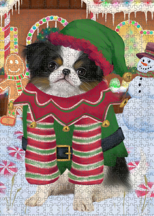 Christmas Gingerbread Elf Japanese Chin Dog Portrait Jigsaw Puzzle for Adults Animal Interlocking Puzzle Game Unique Gift for Dog Lover's with Metal Tin Box