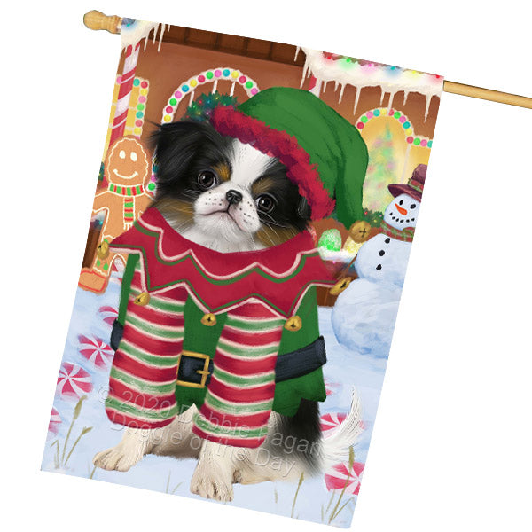 Christmas Gingerbread Elf Japanese Chin Dog House Flag Outdoor Decorative Double Sided Pet Portrait Weather Resistant Premium Quality Animal Printed Home Decorative Flags 100% Polyester