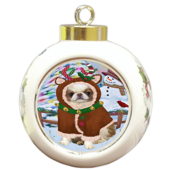 Christmas Gingerbread Reindeer Japanese Chin Dog Round Ball Christmas Ornament Pet Decorative Hanging Ornaments for Christmas X-mas Tree Decorations - 3" Round Ceramic Ornament