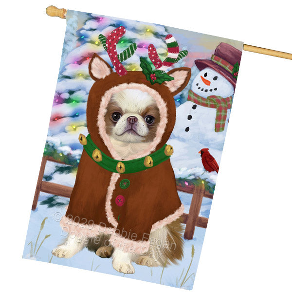 Christmas Gingerbread Reindeer Japanese Chin Dog House Flag Outdoor Decorative Double Sided Pet Portrait Weather Resistant Premium Quality Animal Printed Home Decorative Flags 100% Polyester