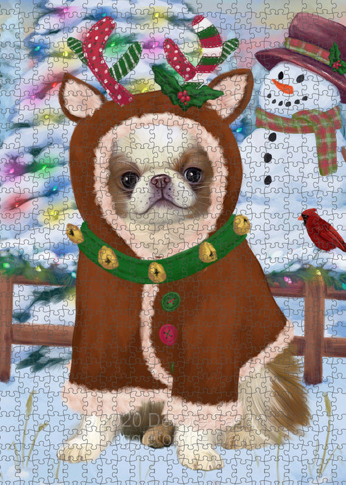 Christmas Gingerbread Reindeer Japanese Chin Dog Portrait Jigsaw Puzzle for Adults Animal Interlocking Puzzle Game Unique Gift for Dog Lover's with Metal Tin Box