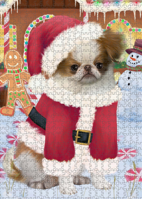 Christmas Gingerbread Candyfest Japanese Chin Dog Portrait Jigsaw Puzzle for Adults Animal Interlocking Puzzle Game Unique Gift for Dog Lover's with Metal Tin Box