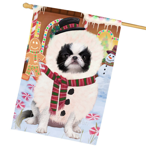 Christmas Gingerbread Snowman Japanese Chin Dog House Flag Outdoor Decorative Double Sided Pet Portrait Weather Resistant Premium Quality Animal Printed Home Decorative Flags 100% Polyester