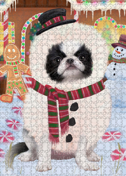 Christmas Gingerbread Snowman Japanese Chin Dog Portrait Jigsaw Puzzle for Adults Animal Interlocking Puzzle Game Unique Gift for Dog Lover's with Metal Tin Box
