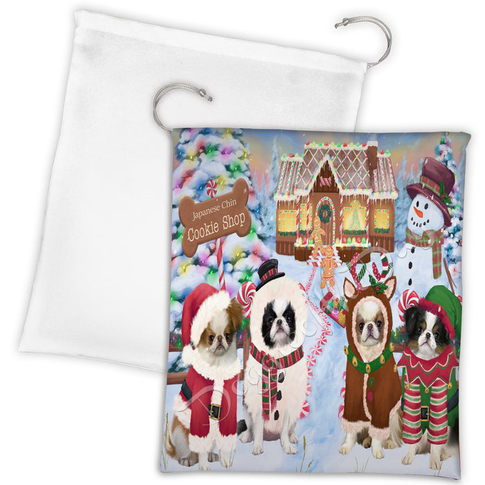 Holiday Gingerbread Cookie Japanese Chin Dogs Shop Drawstring Laundry or Gift Bag LGB48608