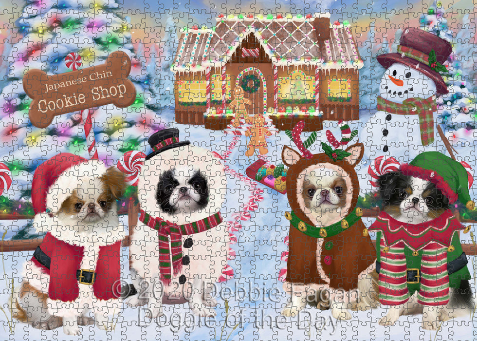 Christmas Gingerbread Cookie Shop Japanese Chin Dogs Portrait Jigsaw Puzzle for Adults Animal Interlocking Puzzle Game Unique Gift for Dog Lover's with Metal Tin Box