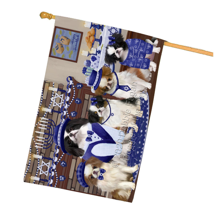 Happy Hanukkah Family Japanese Chin Dogs House Flag Outdoor Decorative Double Sided Pet Portrait Weather Resistant Premium Quality Animal Printed Home Decorative Flags 100% Polyester