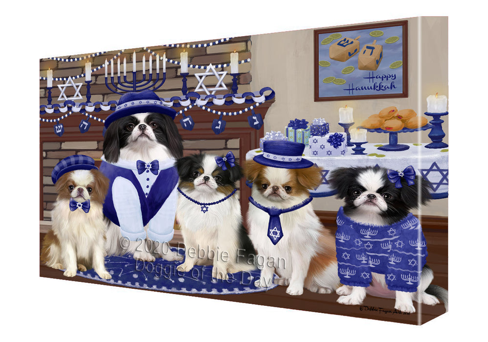 Happy Hanukkah Family Japanese Chin Dogs Canvas Wall Art - Premium Quality Ready to Hang Room Decor Wall Art Canvas - Unique Animal Printed Digital Painting for Decoration