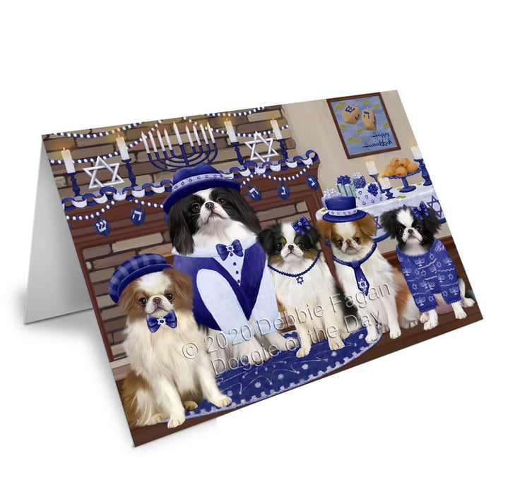 Happy Hanukkah Family Japanese Chin Dogs Handmade Artwork Assorted Pets Greeting Cards and Note Cards with Envelopes for All Occasions and Holiday Seasons