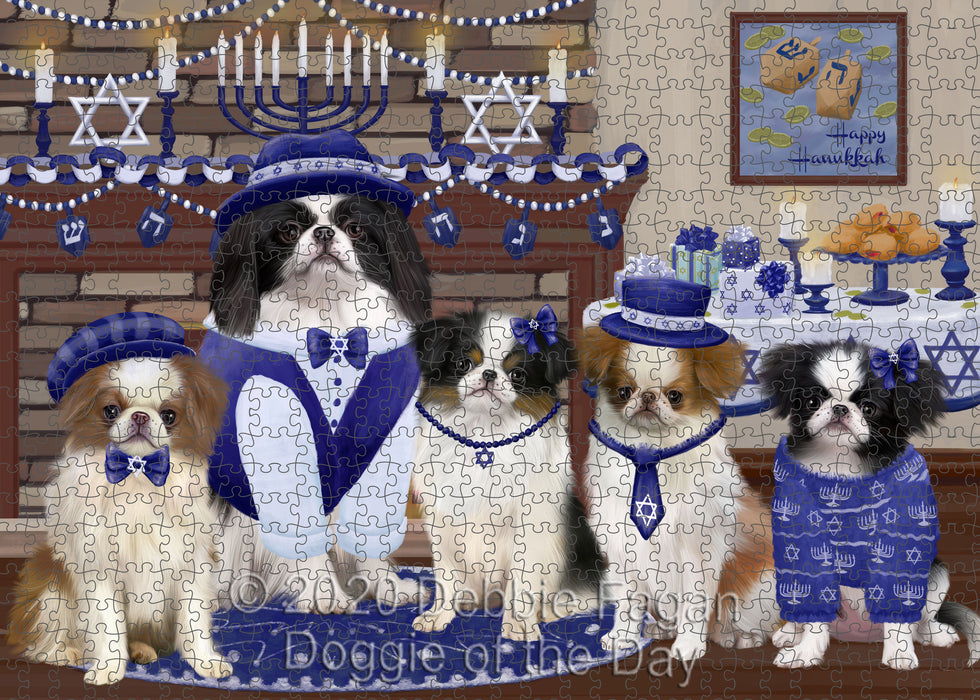 Happy Hanukkah Family Japanese Chin Dogs Portrait Jigsaw Puzzle for Adults Animal Interlocking Puzzle Game Unique Gift for Dog Lover's with Metal Tin Box