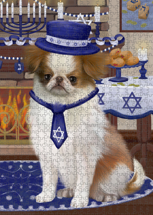 Happy Hanukkah Japanese Chin Dog Portrait Jigsaw Puzzle for Adults Animal Interlocking Puzzle Game Unique Gift for Dog Lover's with Metal Tin Box PZL479