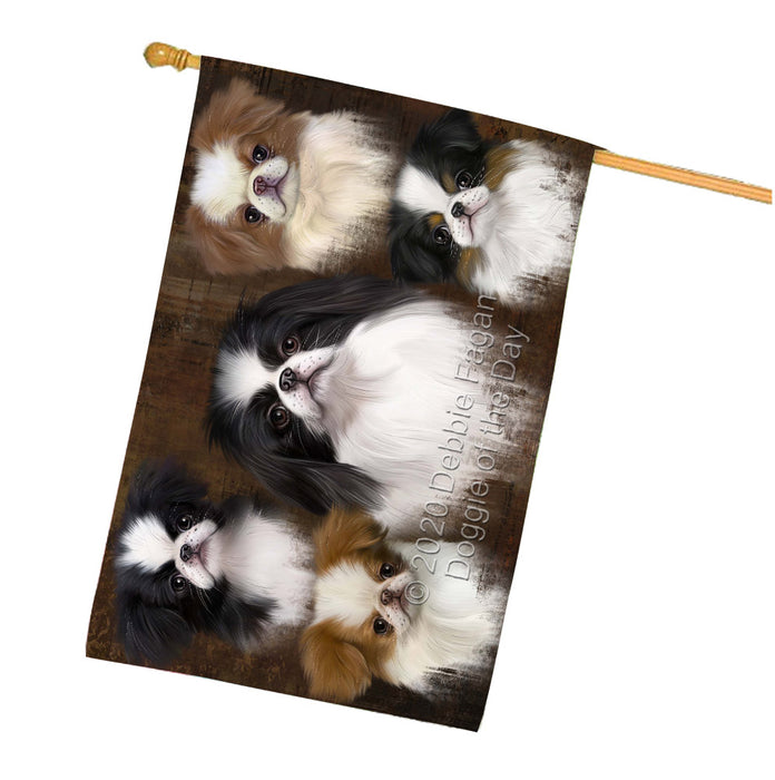 Rustic 5 Heads Japanese Chin Dogs House Flag Outdoor Decorative Double Sided Pet Portrait Weather Resistant Premium Quality Animal Printed Home Decorative Flags 100% Polyester
