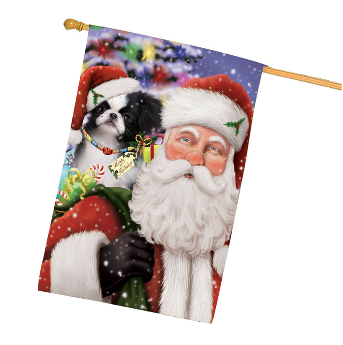 Christmas Santa with Presents and Japanese Chin Dog House Flag Outdoor Decorative Double Sided Pet Portrait Weather Resistant Premium Quality Animal Printed Home Decorative Flags 100% Polyester FLG68051