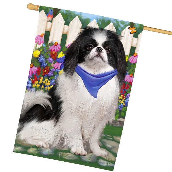 Spring Floral Japanese Chin Dog House Flag Outdoor Decorative Double Sided Pet Portrait Weather Resistant Premium Quality Animal Printed Home Decorative Flags 100% Polyester FLG69425