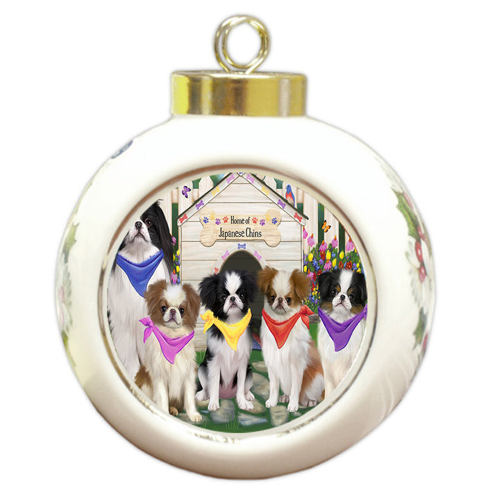 Spring Dog House Japanese Chin Dogs Round Ball Christmas Ornament Pet Decorative Hanging Ornaments for Christmas X-mas Tree Decorations - 3" Round Ceramic Ornament