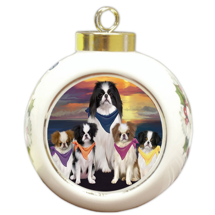 Family Sunset Portrait Japanese Chin Dogs Round Ball Christmas Ornament Pet Decorative Hanging Ornaments for Christmas X-mas Tree Decorations - 3" Round Ceramic Ornament