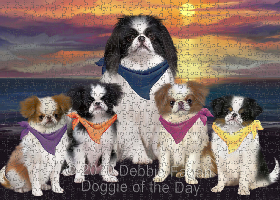 Family Sunset Portrait Japanese Chin Dogs Portrait Jigsaw Puzzle for Adults Animal Interlocking Puzzle Game Unique Gift for Dog Lover's with Metal Tin Box