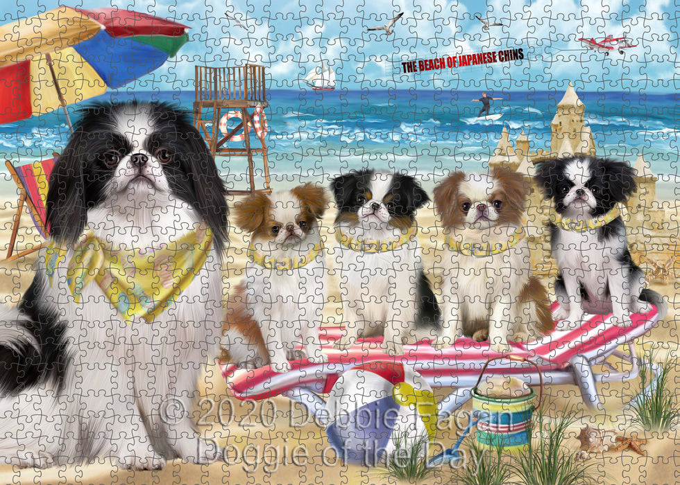 Pet Friendly Beach Japanese Chin Dogs Portrait Jigsaw Puzzle for Adults Animal Interlocking Puzzle Game Unique Gift for Dog Lover's with Metal Tin Box