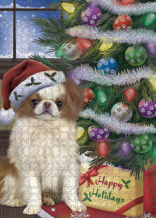 Christmas Tree and Presents Japanese Chin Dog Portrait Jigsaw Puzzle for Adults Animal Interlocking Puzzle Game Unique Gift for Dog Lover's with Metal Tin Box PZL629