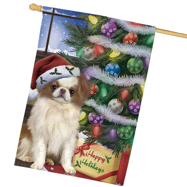 Christmas Tree and Presents Japanese Chin Dog House Flag Outdoor Decorative Double Sided Pet Portrait Weather Resistant Premium Quality Animal Printed Home Decorative Flags 100% Polyester FLG69162