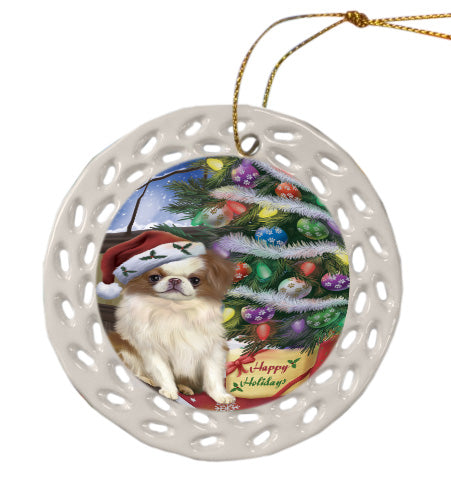 Christmas Tree and Presents Japanese Chin Dog Doily Ornament DPOR58732