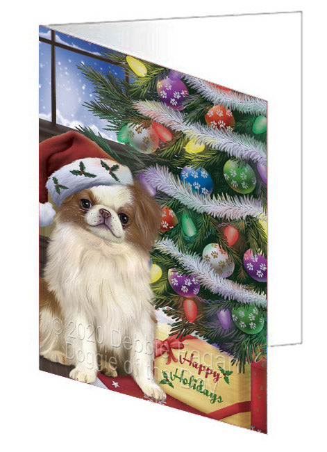 Christmas Tree and Presents Japanese Chin Dog Handmade Artwork Assorted Pets Greeting Cards and Note Cards with Envelopes for All Occasions and Holiday Seasons