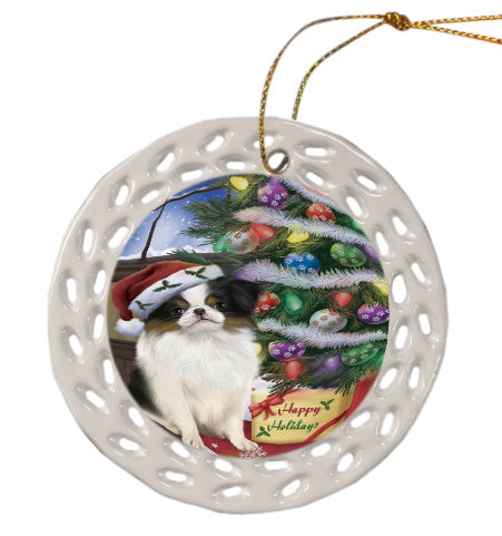 Christmas Tree and Presents Japanese Chin Dog Doily Ornament DPOR58733
