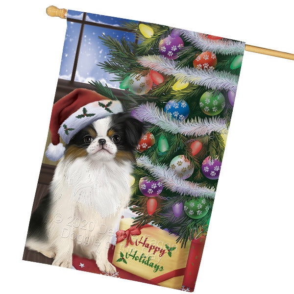 Christmas Tree and Presents Japanese Chin Dog House Flag Outdoor Decorative Double Sided Pet Portrait Weather Resistant Premium Quality Animal Printed Home Decorative Flags 100% Polyester FLG69163