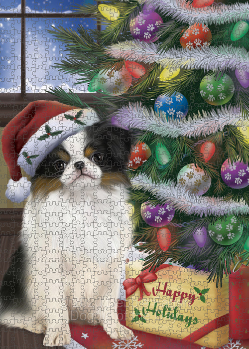 Christmas Tree and Presents Japanese Chin Dog Portrait Jigsaw Puzzle for Adults Animal Interlocking Puzzle Game Unique Gift for Dog Lover's with Metal Tin Box PZL630