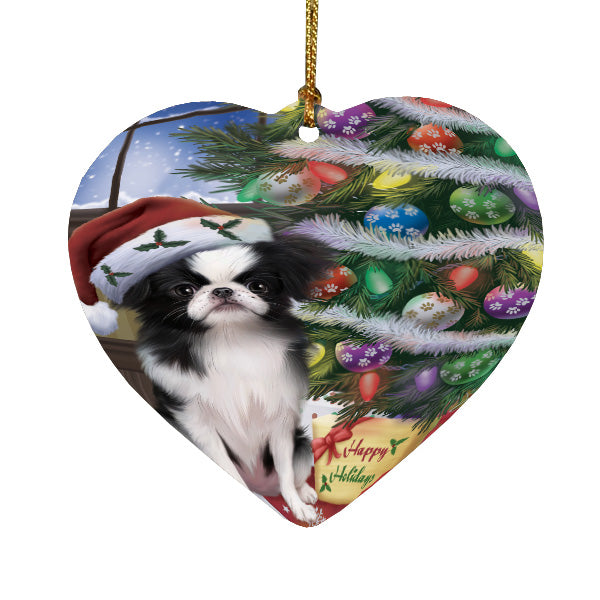 Christmas Tree and Presents Japanese Chin Dog Heart Christmas Ornament HPORA59083
