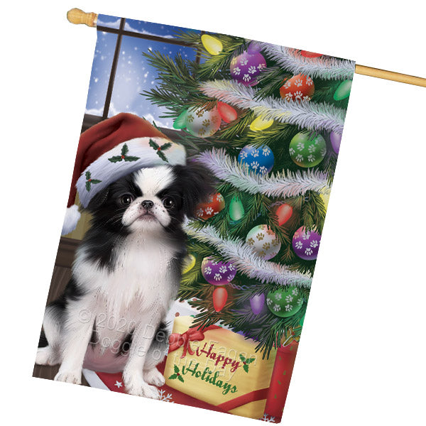 Christmas Tree and Presents Japanese Chin Dog House Flag Outdoor Decorative Double Sided Pet Portrait Weather Resistant Premium Quality Animal Printed Home Decorative Flags 100% Polyester FLG69164