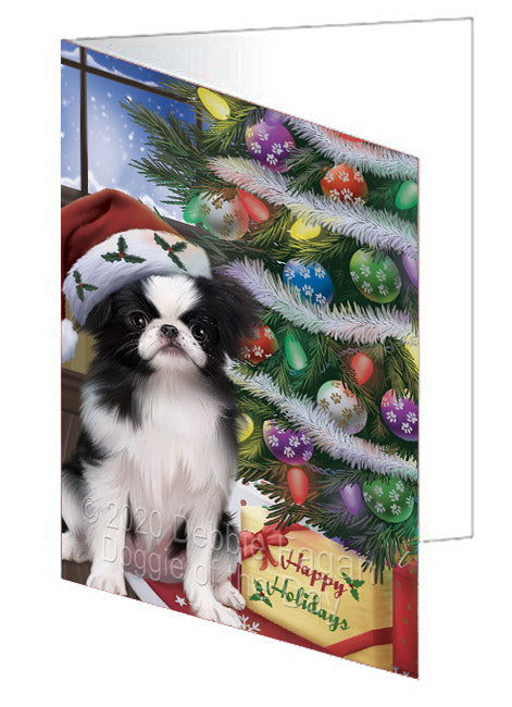 Christmas Tree and Presents Japanese Chin Dog Handmade Artwork Assorted Pets Greeting Cards and Note Cards with Envelopes for All Occasions and Holiday Seasons