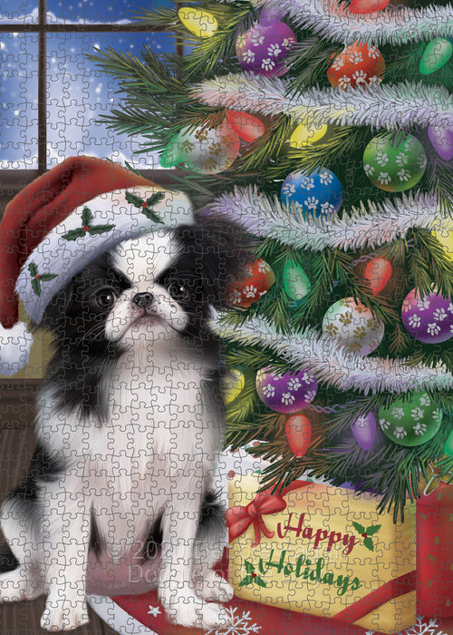 Christmas Tree and Presents Japanese Chin Dog Portrait Jigsaw Puzzle for Adults Animal Interlocking Puzzle Game Unique Gift for Dog Lover's with Metal Tin Box PZL631