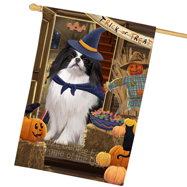 Enter at Your Own Risk Halloween Trick or Treat Japanese Chin Dogs House Flag Outdoor Decorative Double Sided Pet Portrait Weather Resistant Premium Quality Animal Printed Home Decorative Flags 100% Polyester FLG69055